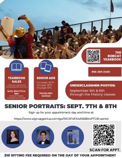 Senior Yearbook Portraits will be September 7th and 8th. Be sure to scan the QR Code on the graphic to sign up. There is a $10 Sitting Fee Required on the day of your appointment. 